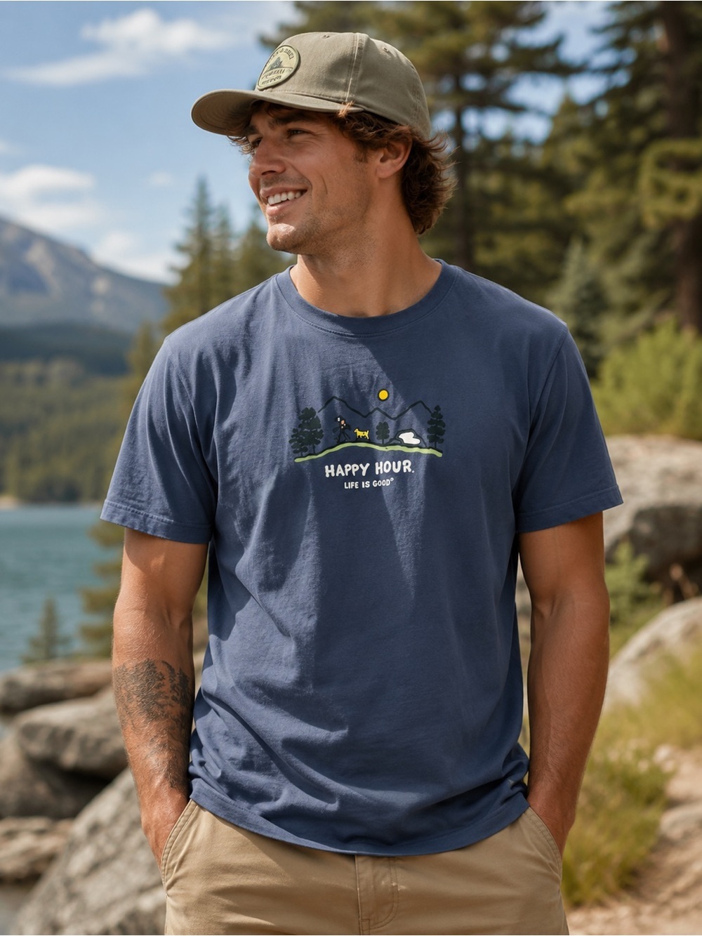 Life is Good Tee Shirt Blue Happy Hour Mens Size XL Hiking 100% Cotton